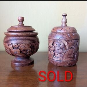 Vintage Pair Of Hand Carved Wooden Jars w Lids Floral Design 1970's 6-6.5 In